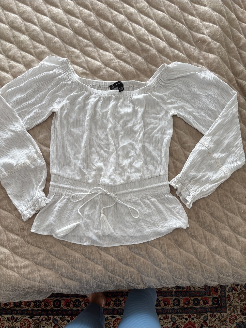 INC International Concepts White Off-Shoulder Peasant Top with Tassel Tie
